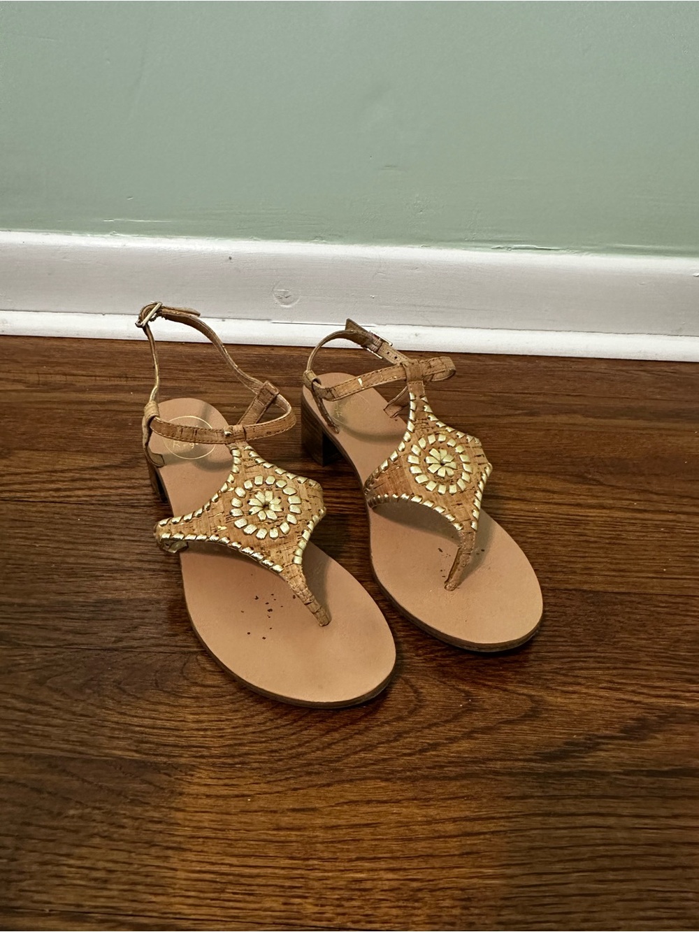 Embellished Tan T-Strap Women’s Jack Roger’s Sandals with Gold Accents